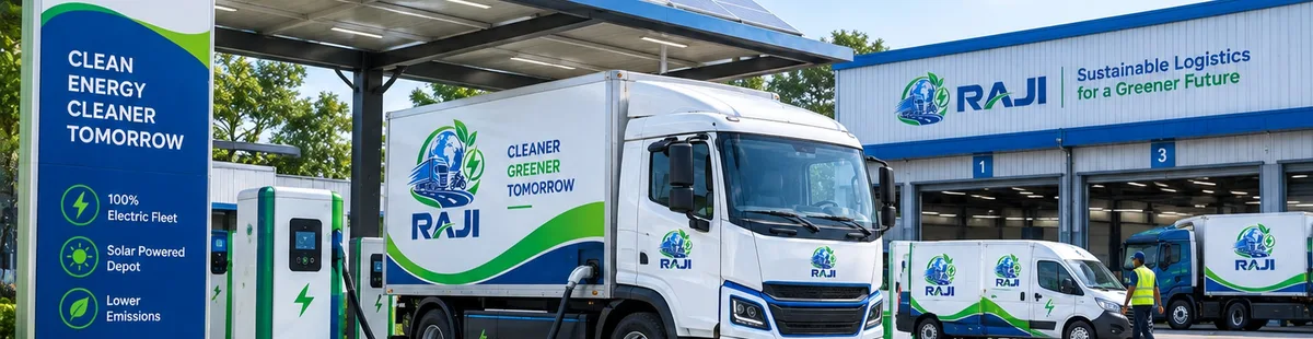 Concept illustration of an electric RAJI truck at a charging facility